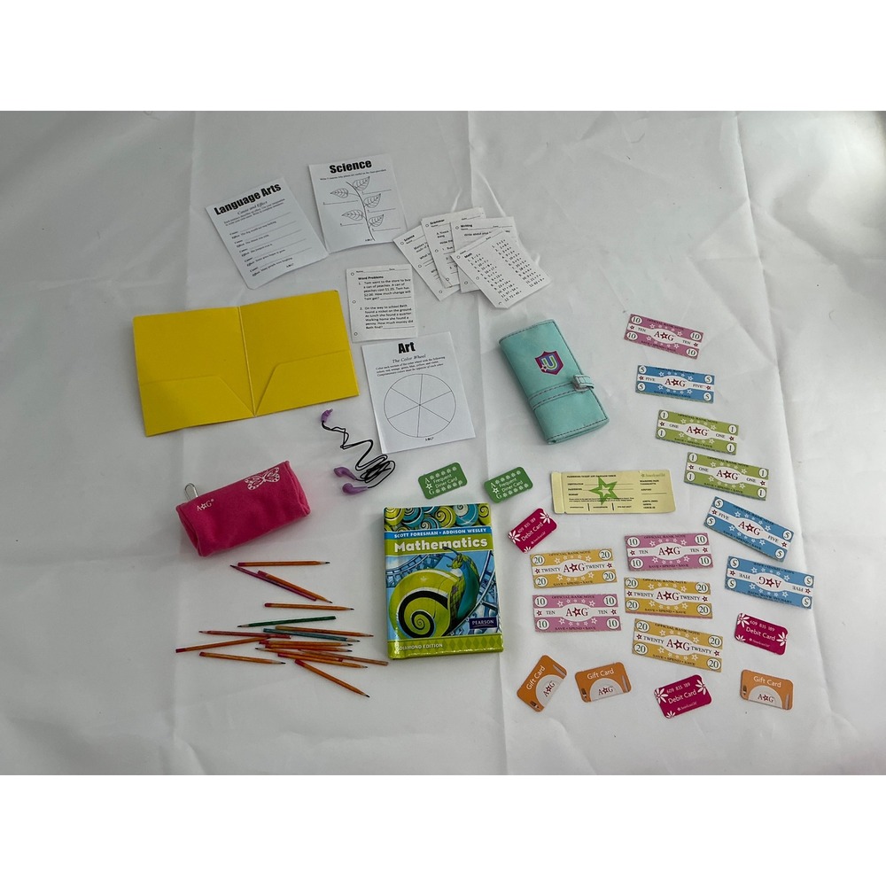 American Girl Doll School Accessories Set Math Book Money Pencils Folders Pouch